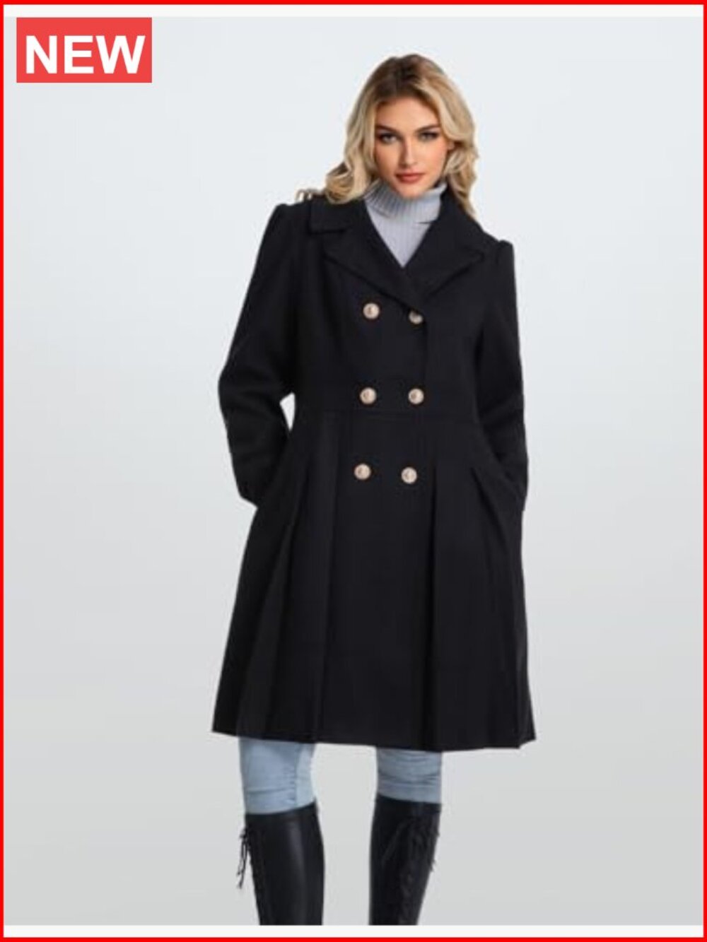 Double Breasted Lapel Trench Coat with Pockets A-Line - Picture 3 of 7